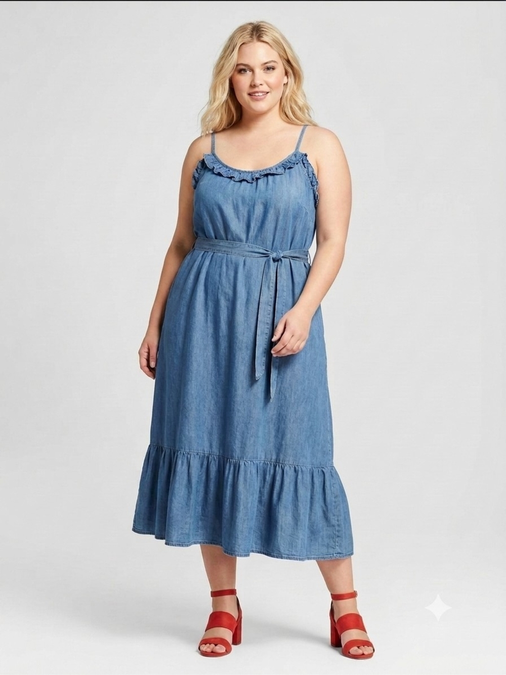 Large Petite GAP Chambray Tie-Waist Midi Dress - Light Blue